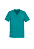 A teal men's V-neck scrub top featuring a pocket and a logo.  A teal men's V-neck scrub top featuring a pocket and a logo.