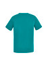 A teal men's V-neck scrub top with short sleeves and a plain back design. It features a logo. A teal men's V-neck scrub top with short sleeves and a plain back design. It features a logo.
