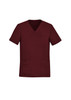 A maroon men's V-neck scrub top featuring short sleeves and multiple pockets, with a logo present. A maroon men's V-neck scrub top featuring short sleeves and multiple pockets, with a logo present.