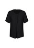 A black short sleeve T-shirt with a round neckline and a relaxed fit, featuring a subtle front drape.
