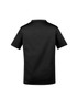 A short-sleeved men's scrub top in black, featuring a simple design and a branding logo on the back.