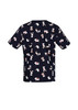 A navy scrub top with a playful printed pattern featuring various animals and characters. It includes a logo. A navy scrub top with a playful printed pattern featuring various animals and characters. It includes a logo.