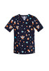 A navy scrub top featuring a playful space theme with planets, rockets, and cartoon characters. It has a logo.