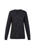 A dark grey women's button front knit cardigan featuring a v-neck and pockets. A dark grey women's button front knit cardigan featuring a v-neck and pockets.