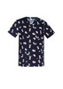 A navy scrub top with a printed pattern featuring cartoon animals, including bears and rabbits, and a logo.