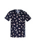 Mens printed scrub top in navy featuring a playful pattern of animals and various designs. Includes a logo. Mens printed scrub top in navy featuring a playful pattern of animals and various designs. Includes a logo.