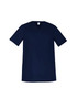 A navy blue men's scrub top featuring short sleeves and multiple pockets. It has a branded logo. A navy blue men's scrub top featuring short sleeves and multiple pockets. It has a branded logo.