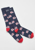 Unisex Happy Feet Comfort Socks in navy with red accents, featuring an ambulance pattern and a logo.