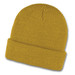 A mustard yellow waffle beanie featuring a ribbed texture and a folded cuff. It has a logo present.