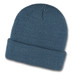 A blue waffle beanie featuring a ribbed texture and a folded cuff, with a logo on the side.