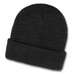 A black knitted beanie with a folded brim, featuring a logo on the side.