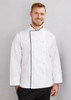 A white long sleeve chef jacket with black trim, worn by a smiling male model. The jacket features a double-breasted design and buttons. A white long sleeve chef jacket with black trim, worn by a smiling male model. The jacket features a double-breasted design and buttons.
