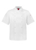 A white short sleeve chef jacket featuring a double-breasted design and a brand logo on the sleeve. A white short sleeve chef jacket featuring a double-breasted design and a brand logo on the sleeve.