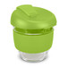 A drink bottle featuring a green silicone lid and sleeve, made of clear borosilicate glass, with a sleek design. A drink bottle featuring a green silicone lid and sleeve, made of clear borosilicate glass, with a sleek design.
