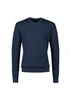 A navy knitted jumper featuring a V-neck design and long sleeves, complete with a branded logo.