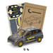 A wooden model of a hatchback car in grey and yellow, accompanied by assembly materials and a branded design.