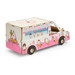 A wooden model of an ice cream van, featuring pink and cream colours with decorative ice cream illustrations.