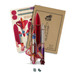A colourful wooden model rocket kit in shades of red and pink, accompanied by assembly instructions and printed parts.