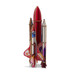 A wooden model of a rocket ship featuring red, brown, and white colours, with a logo displayed on it.