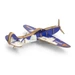 A wooden model aeroplane with blue wings featuring cloud designs and a brown body, displaying a logo.