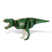A green Tyrannosaurus Rex wooden model, featuring jointed limbs and a logo, stands in a dynamic pose.
