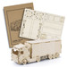 A wooden model of a large truck with a detailed assembly guide in a neutral colour.