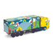 A large wooden truck model in bright yellow and blue, featuring colourful graphics on the trailer.