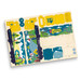 A wooden model kit featuring colourful pieces in yellow, blue, and green shapes, with a branded logo.