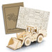 A wooden model of a wheel loader, featuring detailed parts and a cardboard packaging design.