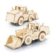 A wooden model of a wheel loader, featuring intricate details and a natural wood finish. Includes a front loader and large wheels.