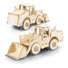 A wooden model of a wheel loader, featuring intricate cut-out details and natural wood colour.