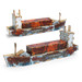 A wooden model of a cargo ship with a rustic design, featuring shades of brown, grey, and white, including an attached logo.