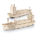 A wooden model of a cargo ship, featuring a natural wood finish with detailed sections and containers.
