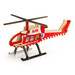 A wooden model of a red and white helicopter with ambulance markings, featuring a logo.