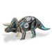 A triceratops wooden model in black and blue, featuring exposed mechanical details and a logo.