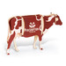 A wooden model of a cow in red and white with a branding logo, designed as a novelty item.