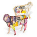 A wooden model of a sheep, featuring vibrant colours and patterns, with one model partially assembled.