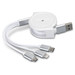 A retractable white charging cable with USB, Lightning, and USB-C connectors, featuring a silver accent. A retractable white charging cable with USB, Lightning, and USB-C connectors, featuring a silver accent.