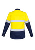 A long sleeve work shirt in bright yellow with navy blue sections and reflective tape across the chest and back.