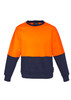 A unisex hi-vis crew sweatshirt featuring an orange upper and navy lower section, with a logo on the label.