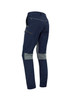 A pair of men's stretch work pants in navy blue with grey accents, featuring a zippered side pocket and a logo. A pair of men's stretch work pants in navy blue with grey accents, featuring a zippered side pocket and a logo.