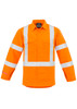A high-visibility orange shirt featuring reflective stripes and a chest pocket, with long sleeves and a logo. A high-visibility orange shirt featuring reflective stripes and a chest pocket, with long sleeves and a logo.