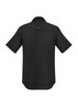 A black short sleeve button-up shirt with a logo on the back. Suitable for outdoor wear.