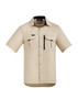 A short sleeve button-up shirt in beige with multiple pockets and a logo.