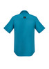 A short-sleeve button-up shirt in teal, featuring a collar and a logo on the back.