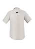 A short sleeve button-up shirt in light grey with a branded tag on the back.