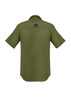 A short-sleeve men's button-up shirt in olive green, featuring a small logo on the back.