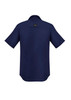 A navy blue men's outdoor short sleeve button-up shirt with a logo on the back. A navy blue men's outdoor short sleeve button-up shirt with a logo on the back.