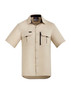 A beige short sleeve button-up shirt with two chest pockets and a zip pocket on the front. It features a logo. A beige short sleeve button-up shirt with two chest pockets and a zip pocket on the front. It features a logo.
