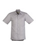 A light grey short sleeve work shirt with two chest pockets and a logo on the upper neckline.